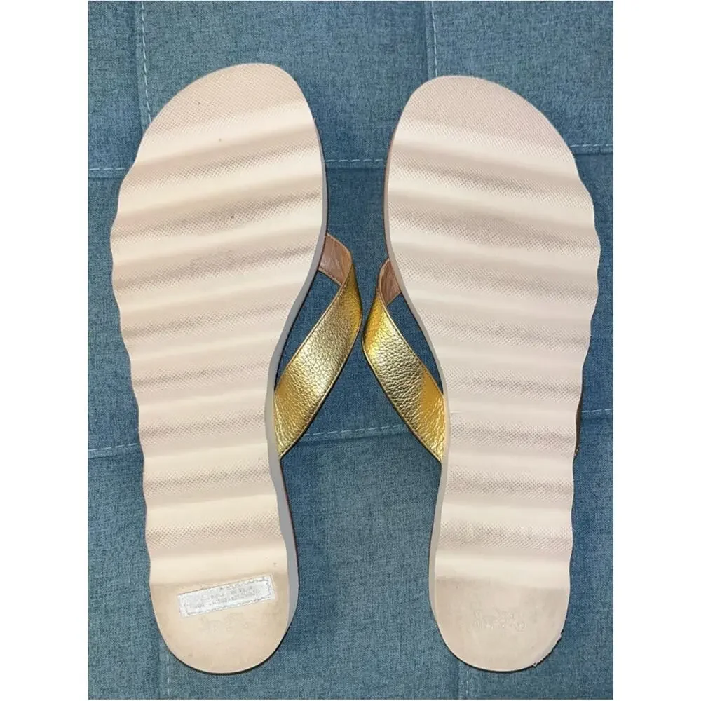 Coach Womens Shelly Leather Flip Flop Metallic Gold Tumble Size 11B